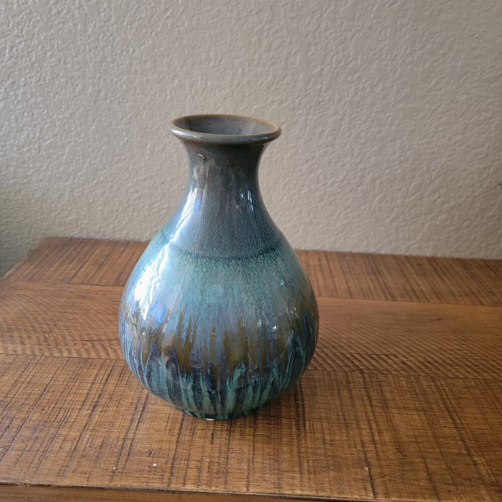 Vintage Drip Glaze Ceramic Vase in Teal and Brown with Flared Rim 8.5 Inch Tall
